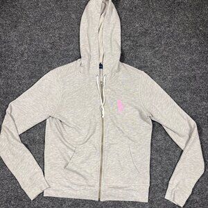 Ralph Lauren Full Zip Hooded Sweatshirt‎ Womens Small Gray Cotton Pink Pony